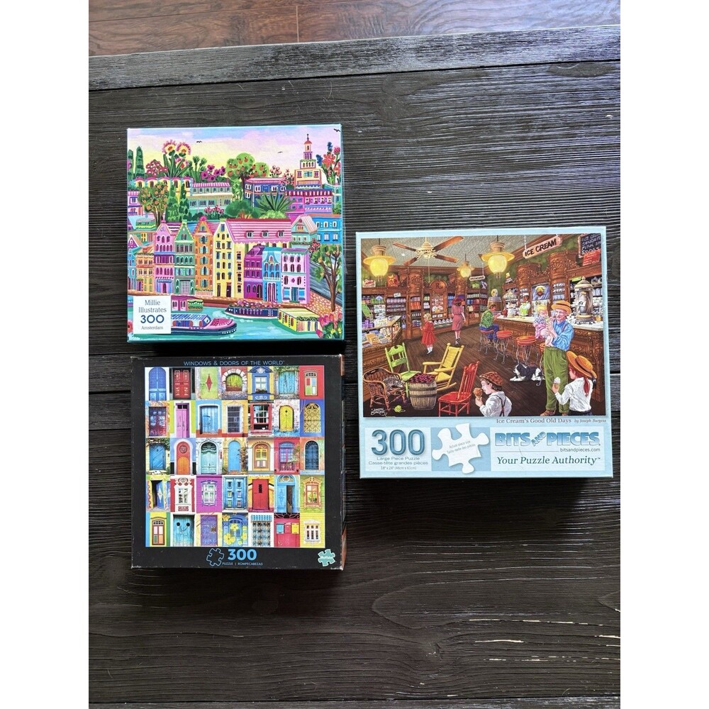 300 PIECE 3 Lot PUZZLES Bits N Pieces Colorful Doors Houses Antique Store